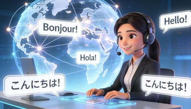 Multilingual virtual agent operating holographic workstation for global customer support