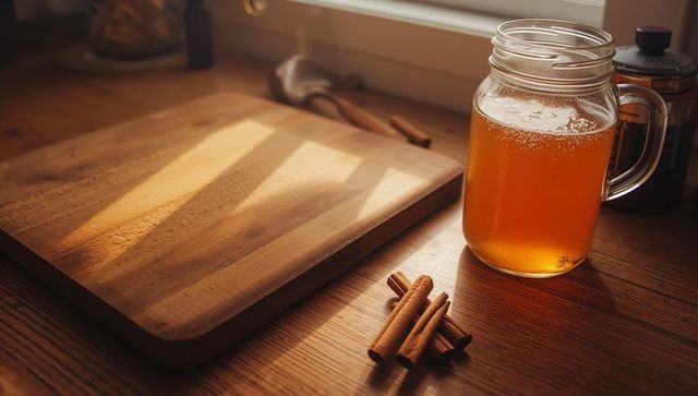 Warm amber liquid in mason jar with cinnamon sticks