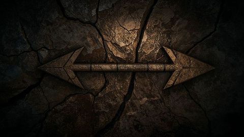 Double-headed arrow on cracked rocky wall with warm lighting