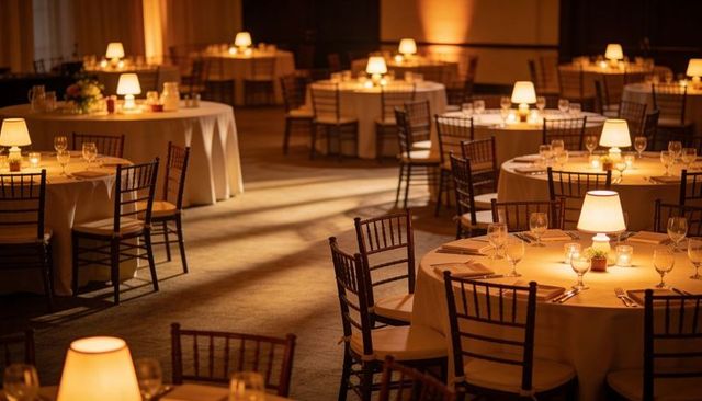 Banquet hall glowing with table lamps, round reception tables and warm amber ambience