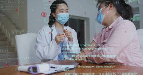 Nurse preparing injection while patient extending arm with digital health data overlay