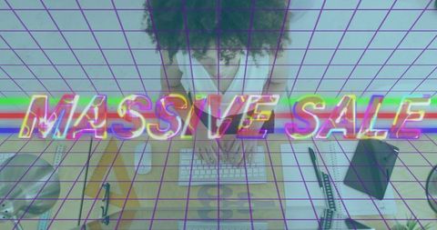 Retro Neon MASSIVE SALE Overlay on Woman Typing at Home Office Desk Grid Glitch Effect