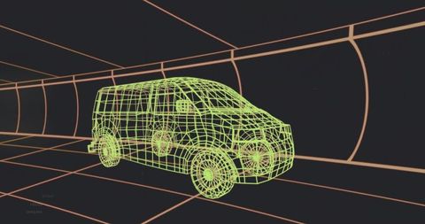 Neon Wireframe Van in Futuristic Grid Tunnel 3D CAD Mesh Concept for Transportation Tech