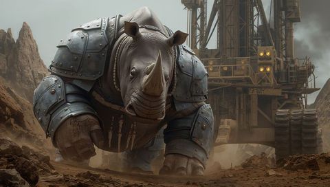 Armored rhinoceros charging through dusty quarry beside heavy drilling rig, industrial mech
