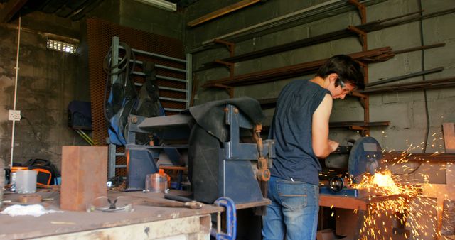 Young Metalworker Grinding Metal in Workshop Creating Sparks - Download Free Stock Images Pikwizard.com