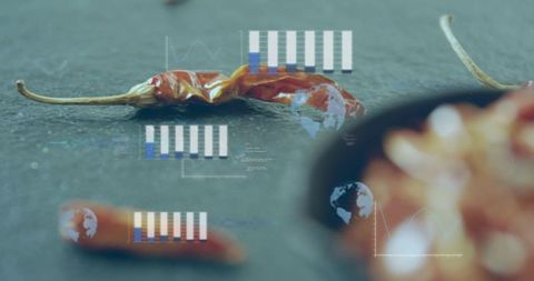 Dried red chili pepper closeup on slate with chili flakes and futuristic hud overlays
