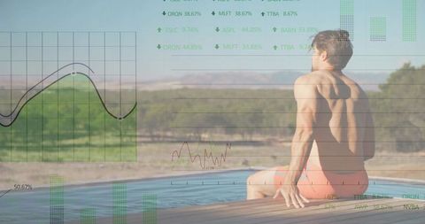 Shirtless man gazing toward horizon on pool deck with transparent charts and metrics