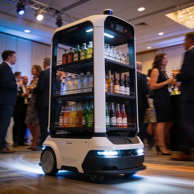Autonomous beverage robot rolling through banquet hall delivering drinks at networking reception
