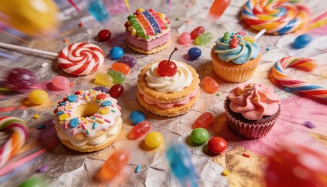 Colorful Mini Cakes and Cupcakes with Candy Sprinkles and Lollipops on Crinkled Silver Foil