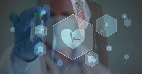 Businessman presenting vaccine vial with holographic medical interface and health icons