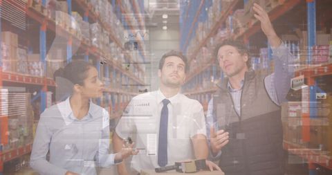 Futuristic warehouse team analyzing data projections