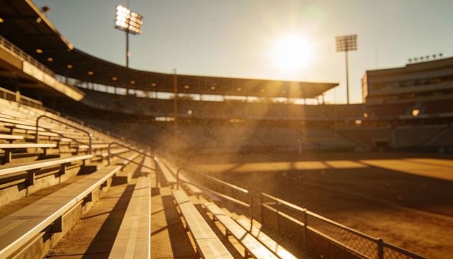 Sunlit empty stadium bleachers at golden hour with dust motes, goalposts and floodlights