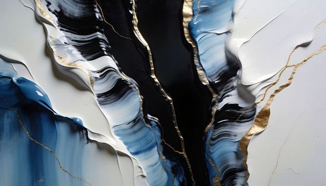 Flowing blue and black abstract paint with gold veins and high contrast glossy impasto texture