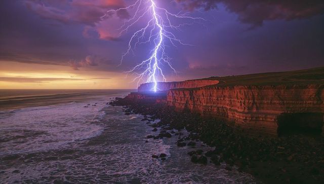 Dramatic Lightning Strike Over Cliffside at Dusk
