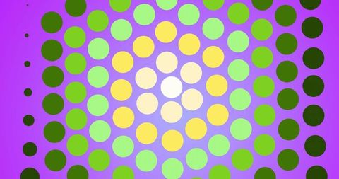 Vibrant magenta-gradient dot grid radiating concentric green yellow halftone pattern