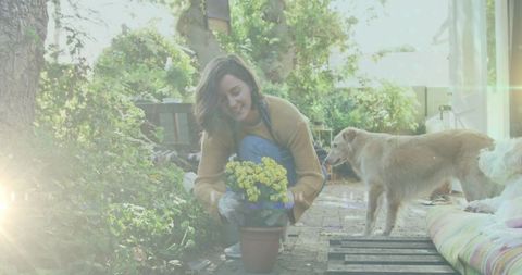 Smiling Woman Gardening with Pet Dog in Sunny Backyard - Download Free Stock Images Pikwizard.com
