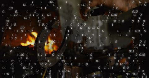 Blacksmith craftsmanship with binary code overlay