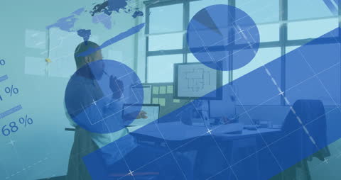 Futuristic Data Overlay with Pensive Professional in Office