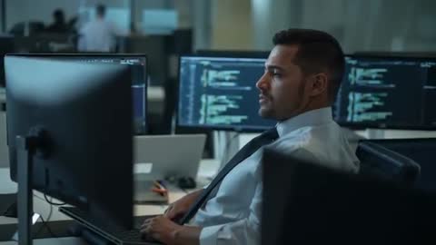 Focused IT Professional In Modern Office Analyzing Code On Monitors