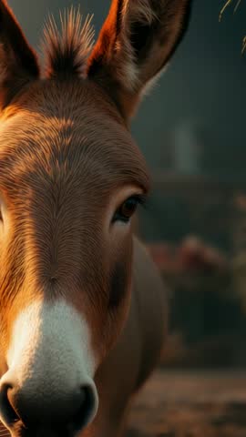 Gazing Brown Donkey Close-Up in Sunlit Paddock Vertical Video Watchful Equine Expression