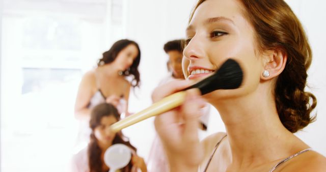 Happy Bride Getting Makeup Done with Bridesmaids - Download Free Stock Images Pikwizard.com