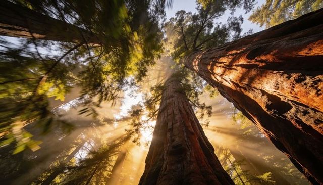 Reaching Redwood Canopy: Sunbeams Piercing Mist Through Ancient Giant Conifers