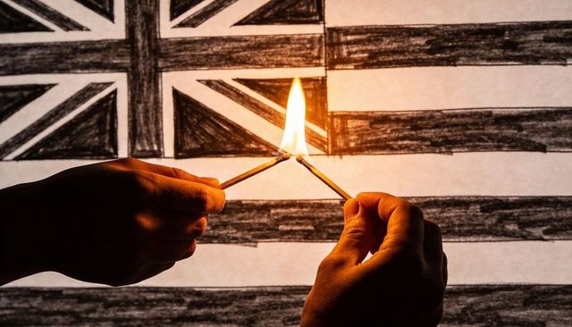 Hands aligning lighting matches in front of sketched union jack flag, monochrome tension