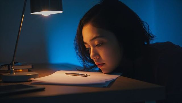 Young woman leaning on papers under desk lamp late night studying and quiet contemplation
