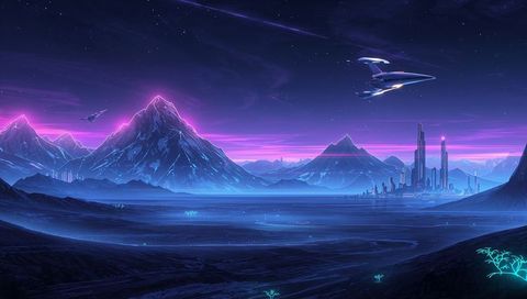 Neon Nightfall Over Alien Mountains with Sleek Spacecraft and Futuristic City Spires