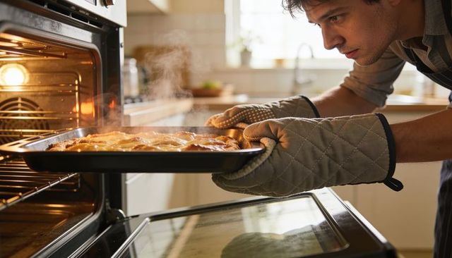 Young man removing steaming pie tray from oven with quilted mitts in home kitchen