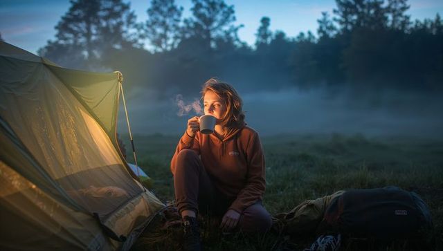 Solo camper sitting by tent holding steaming mug at misty dawn meadow, cozy morning camping