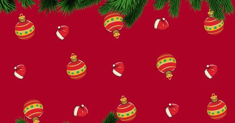 Festive Red Background with Baubles and Santa Hats