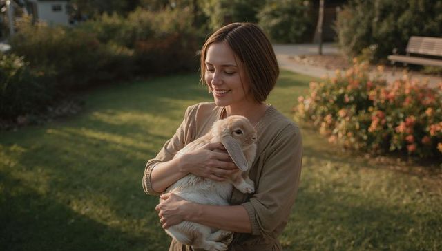 Woman cradling lop-eared rabbit on sunlit lawn, tender pet care and calm companion moment