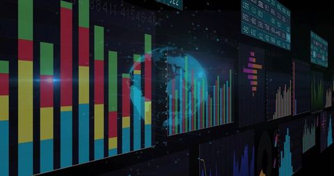 Holographic Globe with Stacked Bar Charts on Digital Analytics Dashboard for Finance