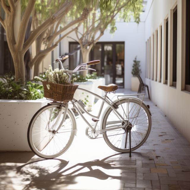 Vintage white bicycle parked in sunlit alley of modern urban building with potted plants and trees surrounding it. Flower basket on bike adds retro charm. Suitable for themes of transportation, urban living, eco-friendly commuting, nostalgia, or outdoor leisure activities.