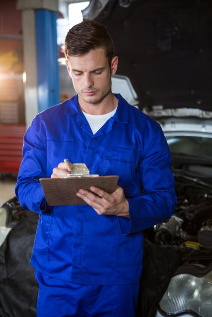 Attentive mechanic preparing a check list at repair garage