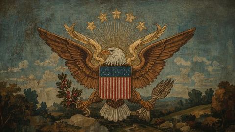 Heraldic bald eagle emblem on aged canvas with stars and shield