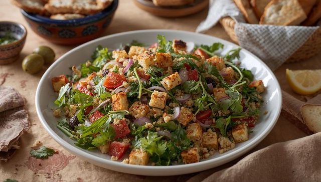 Serving grilled halloumi and couscous salad with arugula, cherry tomatoes, red onion