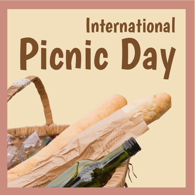 International picnic day text on bread loafs and wine bottle in basket against colored background. digital composite and holiday concept.
