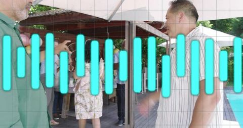 Mature men greeting guests at poolside backyard party with turquoise soundwave overlay