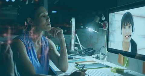 Businesswoman Engaging in Remote Video Call Conference at Night