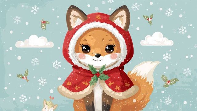 Cute fox wearing red holiday cloak holding holly in snowy whimsical winter scene