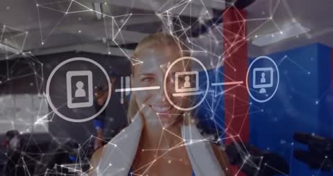 Smiling Fitness Enthusiast with Digital Data Flow Icons in Modern Gym