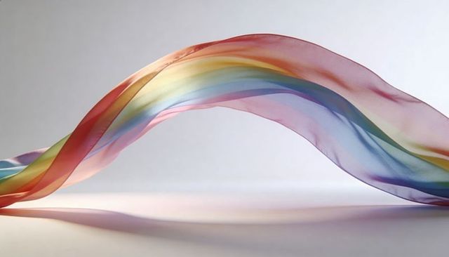 Flowing sheer rainbow ribbon arching above soft surface casting colorful shadow