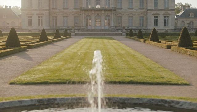 Sunlit french chateau garden with central fountain, axial lawn and symmetrical parterre