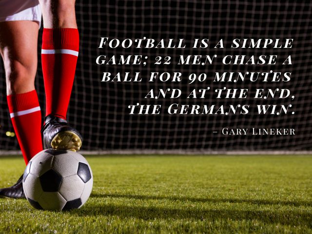 Caucasian soccer player in red socks standing next to a football under floodlights at night with an inspirational quote overlay. Ideal for sports promotions, motivational campaigns, or blogs about football.