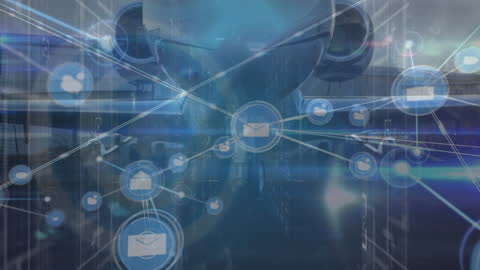 Futuristic Digital Network Overlay on Airplane Silhouette