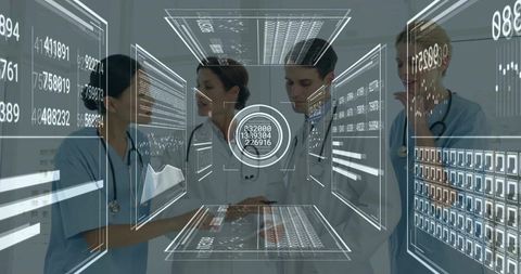 Medical team collaborating with futuristic holographic panels