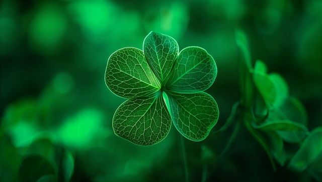 Glowing four-leaf clover showcasing translucent vein network in macro green bokeh