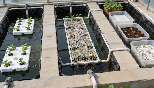 Hydroponic greenhouse channels growing seedlings on floating rafts with pvc irrigation